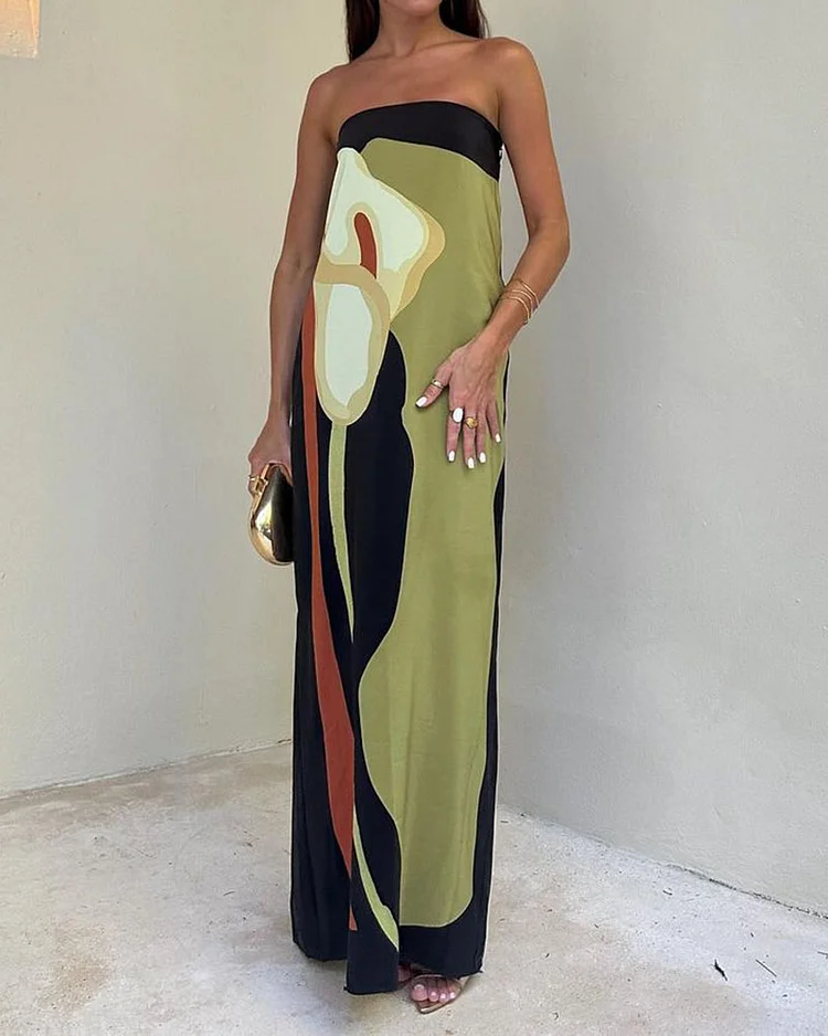Camille™ | Ava Robe Longue Sans Bretelles à Motif Abstrait