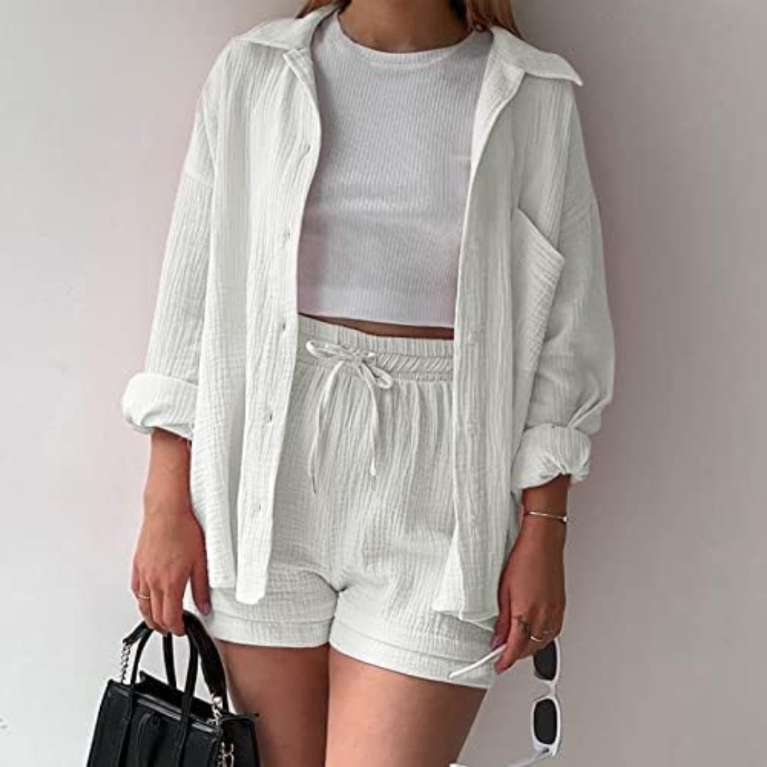Camille™ | Ensemble 2 pièces chemise et short en coton