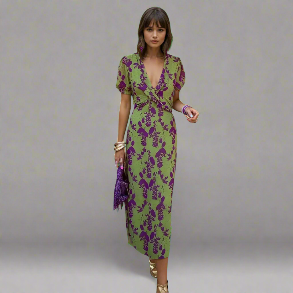 Camille | Robe portefeuille élégante en vert et violet