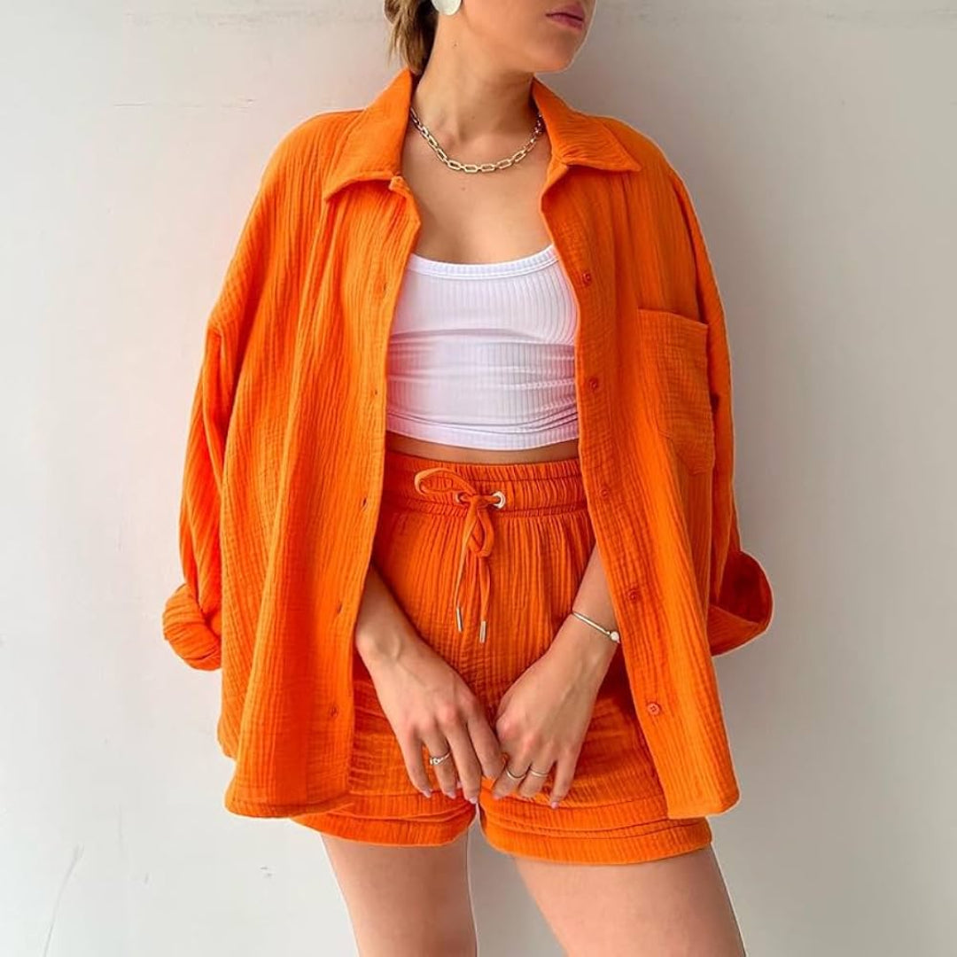 Camille™ | Ensemble 2 pièces chemise et short en coton