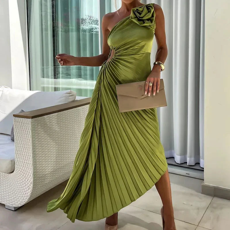 Camille™ | Clairette Robe Asymétrique Plissée avec Fleur 3D