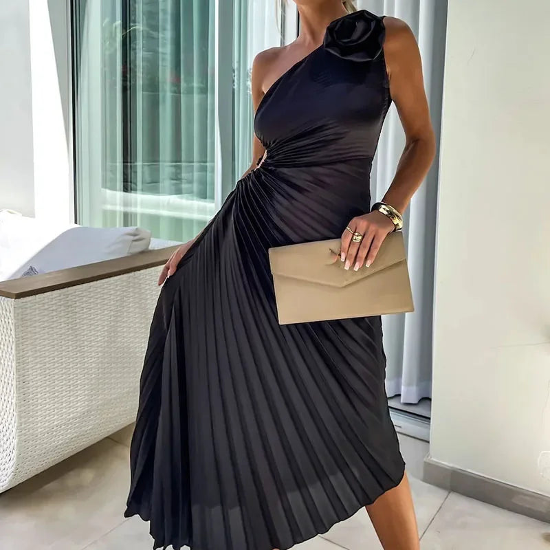 Camille™ | Clairette Robe Asymétrique Plissée avec Fleur 3D