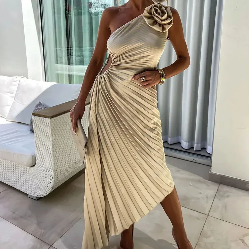 Camille™ | Clairette Robe Asymétrique Plissée avec Fleur 3D