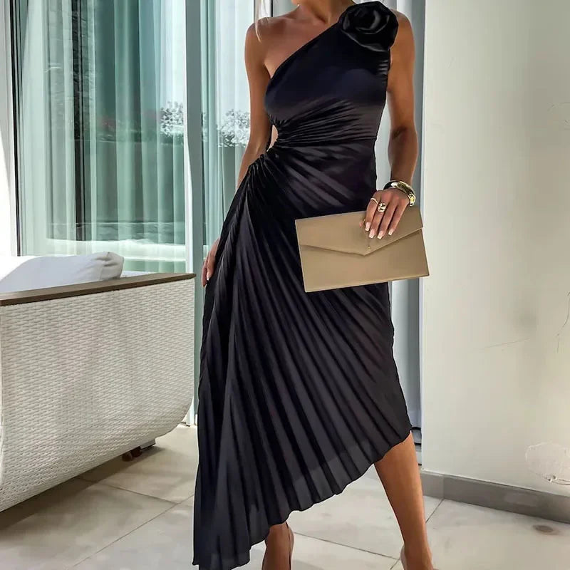 Camille™ | Clairette Robe Asymétrique Plissée avec Fleur 3D