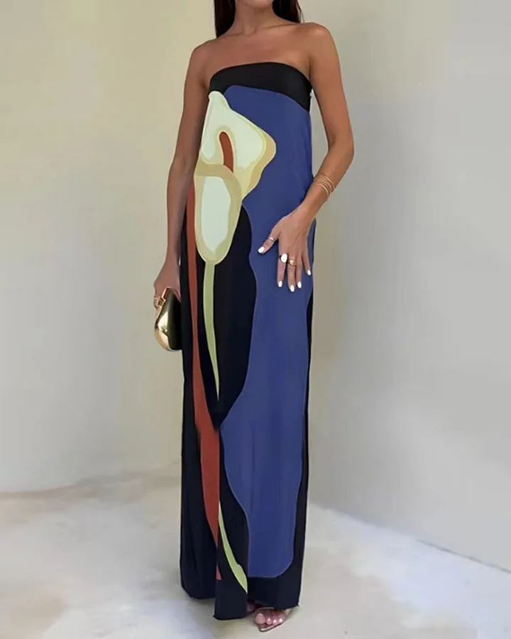 Camille™ | Ava Robe Longue Sans Bretelles à Motif Abstrait