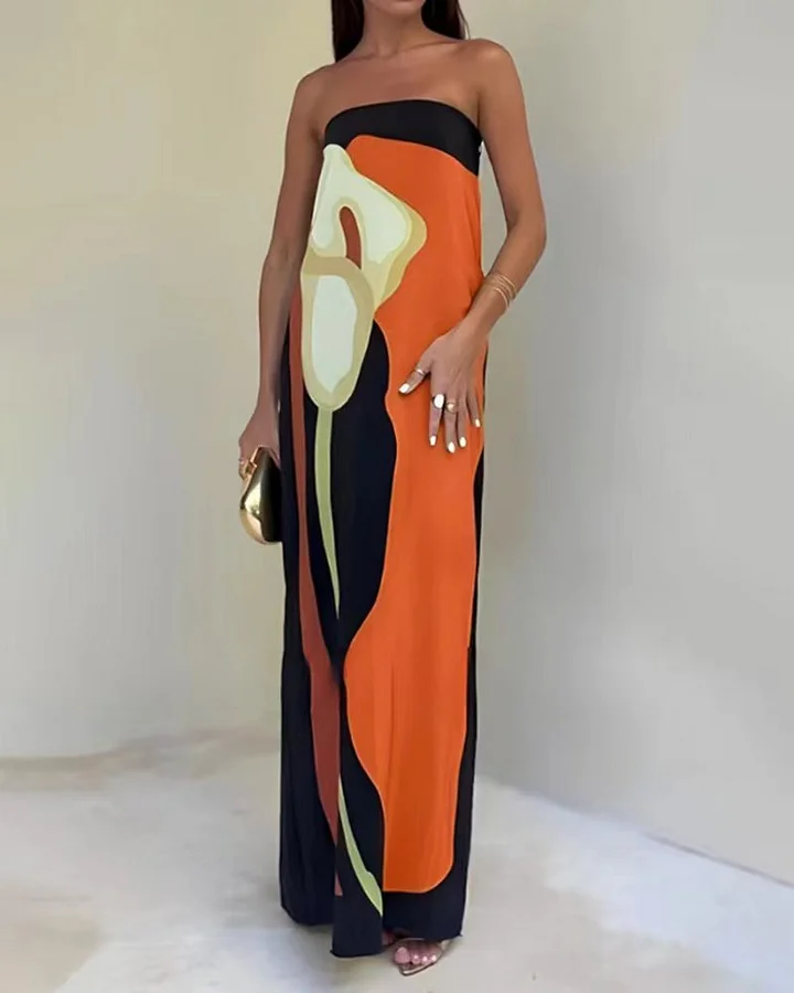 Camille™ | Ava Robe Longue Sans Bretelles à Motif Abstrait