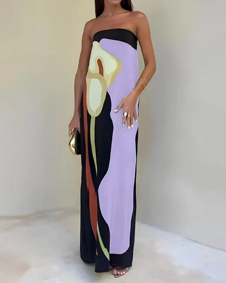 Camille™ | Ava Robe Longue Sans Bretelles à Motif Abstrait