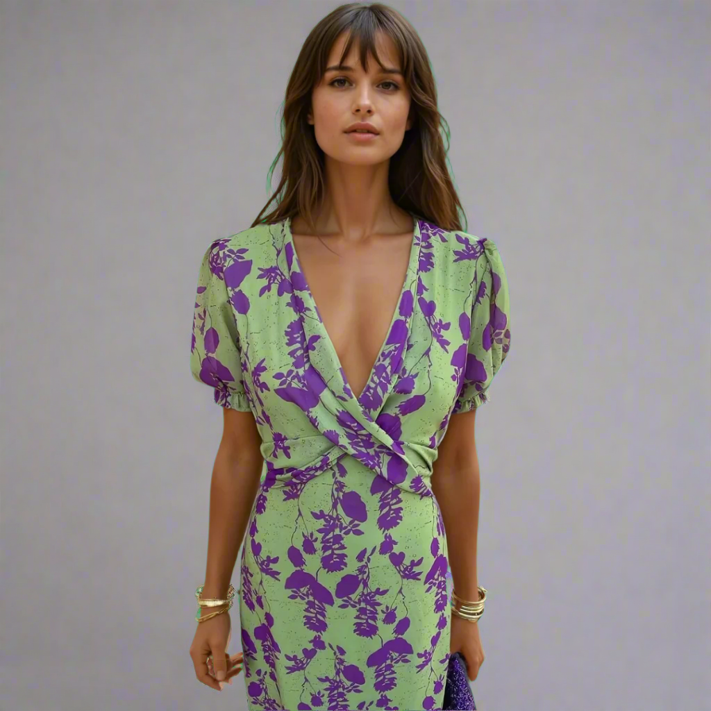 Camille | Robe portefeuille élégante en vert et violet