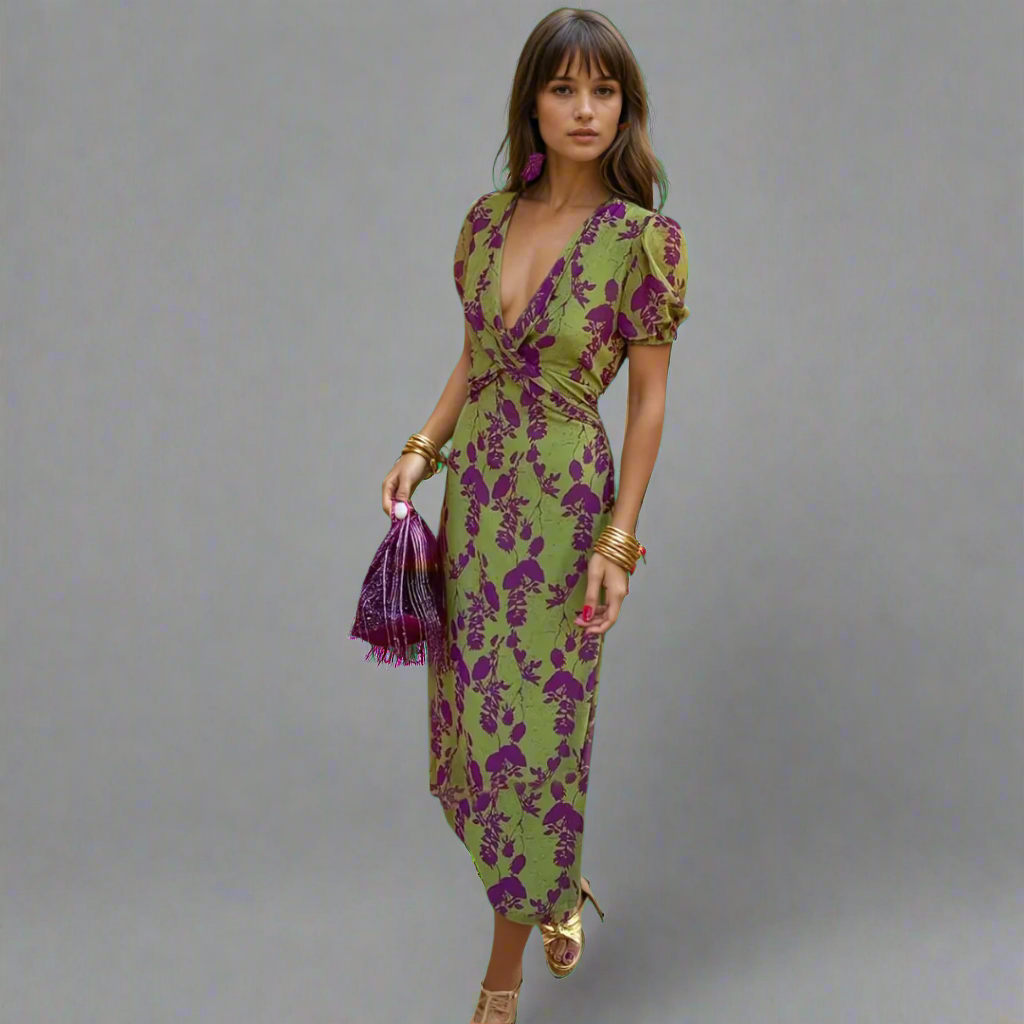 Camille | Robe portefeuille élégante en vert et violet
