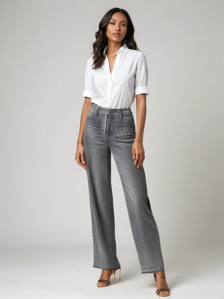 Camille™ | Jean Délavé Gris Évasé