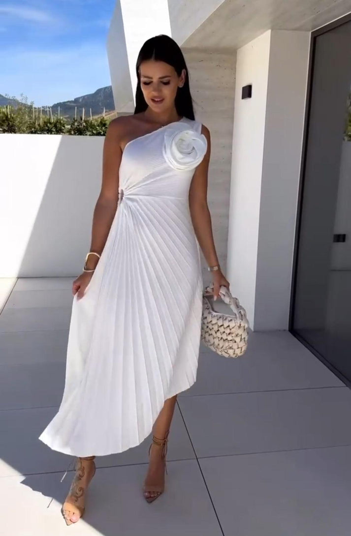 Camille™ | Clairette Robe Asymétrique Plissée avec Fleur 3D