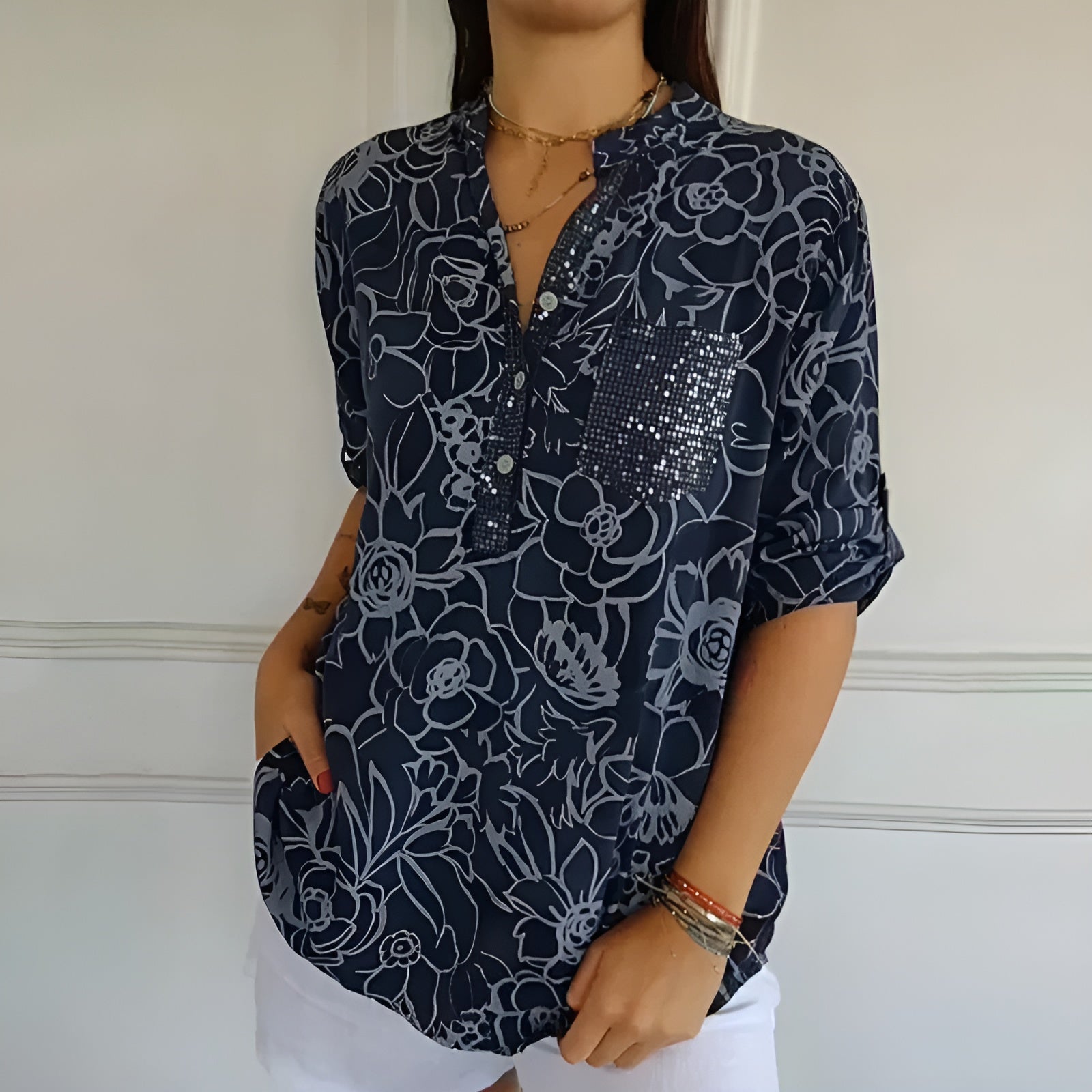 Dagny™ | Blus med Blommigt Rutmönster