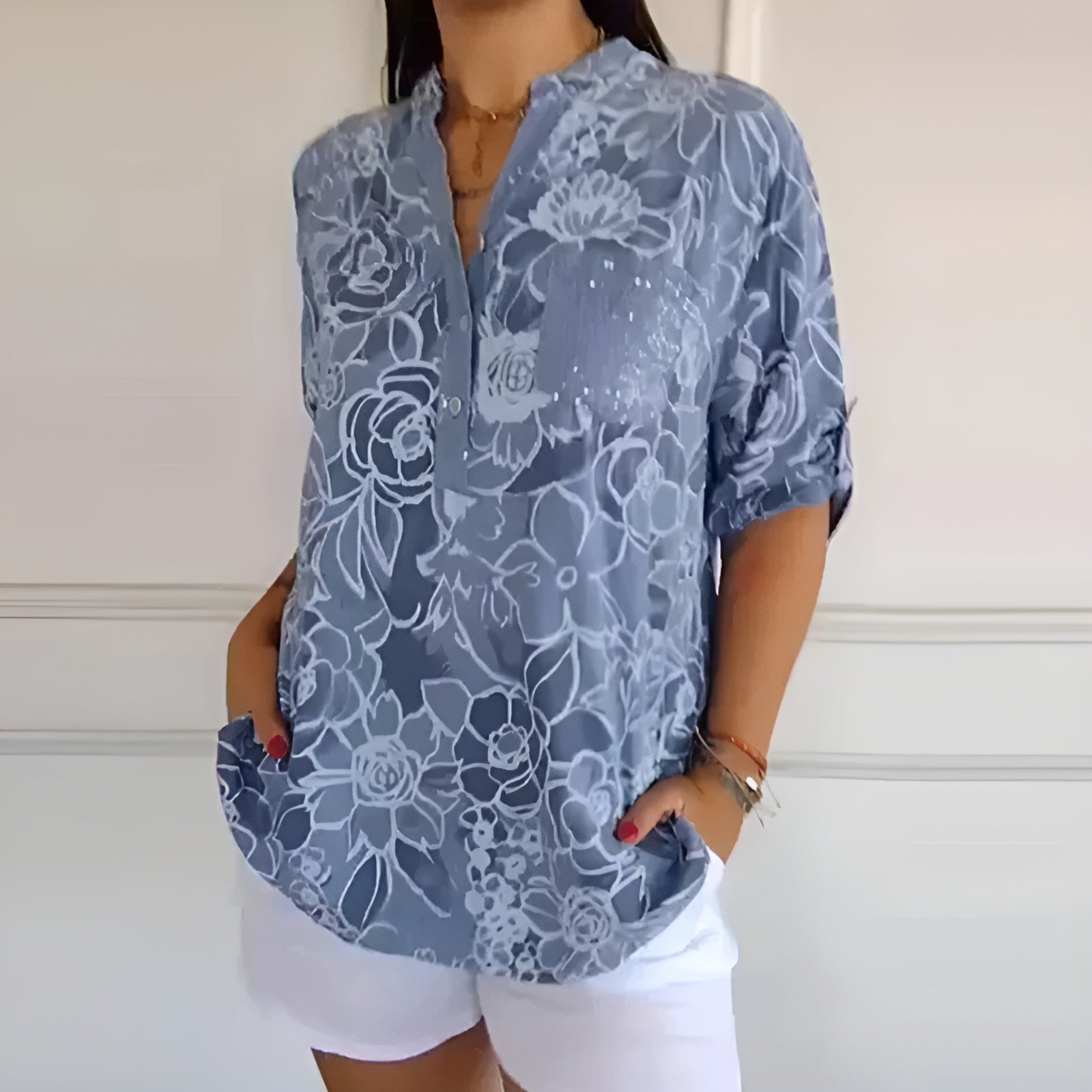 Dagny™ | Blus med Blommigt Rutmönster